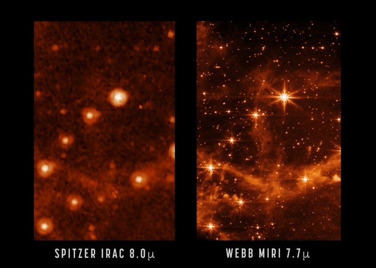 مقایسه تصویربرداری تلسکوپ فضایی جیمزوب و تلسکوپ فضایی اسپیتزر